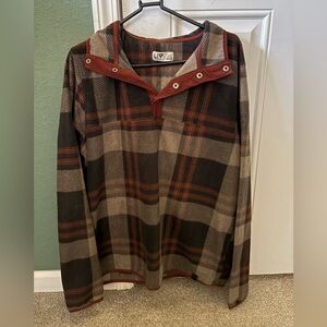 Plaid Hooded Pullover with Button Accents
